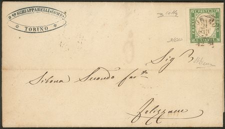 Antichi Stati Italiani - Sardegna - Splendida circolare completa affrancata con 5 cent verde pisello (13c)