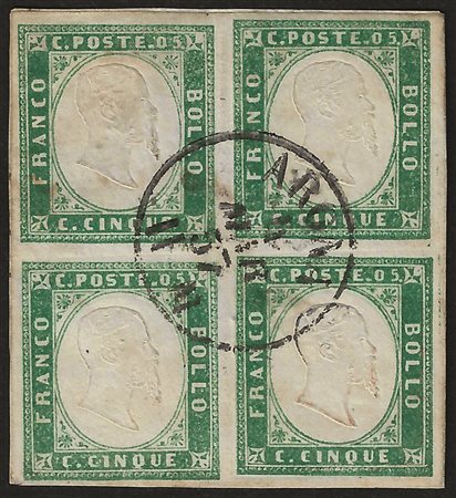 Antichi Stati Italiani - Sardegna - Quartina c.5 verde smeraldo con unico annullo centrale di ARONA 4 MAR.57