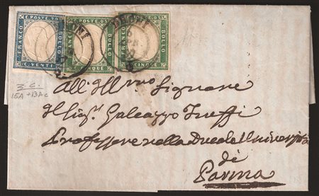 Antichi Stati Italiani - Sardegna - Lettera con coppia c.5 verde smeraldo + c.20 cobalto (13d + 15da)