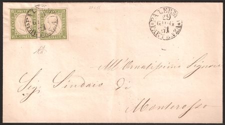 Antichi Stati Italiani - Sardegna - Lettera con due esemplari c.5 verde oliva chiaro (13Ca)