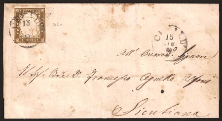 Antichi Stati Italiani - Sardegna - Lettera con c.10 bistro oliva scuro (14Da) da CEFALU 15 LUG.62 per Siculiana