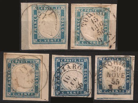 Antichi Stati Italiani - Sardegna - 1855 - Piccola selezione di cinque esemplari del 1855 in tinte differenti (15a/15ca/15f/15h x 2)
