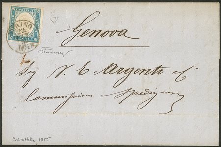 Antichi Stati Italiani - Sardegna - Lettera da Torino 22.10.55 recante 20 cent (15c)