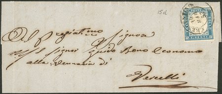 Antichi Stati Italiani - Sardegna - Lettera da Crescentino 14.3.57 affrancata con 20 cent (15f)