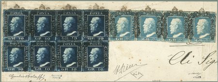Antichi Stati Italiani - Sicilia - Grande frammento di lettera con striscia orizzontale di quattro gr.2 azzurro, prima tavola + blocco di otto del gr.10 azzurro cupo