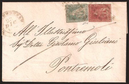 Antichi Stati Italiani - Toscana - Lettera affrancata con cr.1 carminio + cr.2 verde grigio giallastro (12 + 13b)