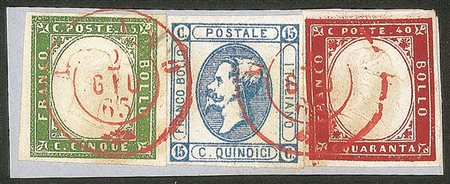 Regno - Vittorio Emanuele II - Frammento recante un 5 cent + 40 cent Sardegna (13Db + 16Da) + 15 cent Litografico (13)
