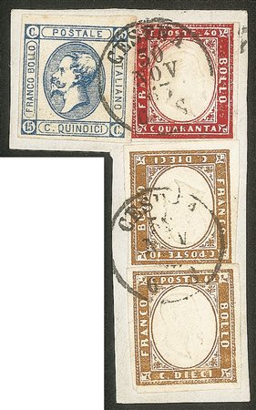 Regno - Vittorio Emanuele II - Frammento recante due esemplari 10 cent + 40 cent Sardegna (14E + 16D) + 15 cent (13)