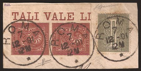 Regno - Vittorio Emanuele II - Coppia verticale c.2 rosso mattone non dentellata con margine di foglio a sinistra + c.1 verde oliva (T14 + T15d)