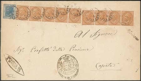 Regno - Vittorio Emanuele II - Striscia di quattro più striscia di cinque del 10 cent mista DLR e Torino (L17/T17) + 20 cent Bigola (28)