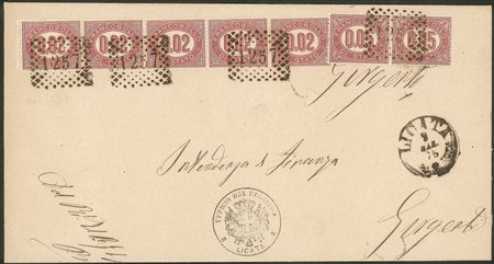 Regno - Vittorio Emanuele II - Servizio - Striscia di cinque del 0,02 cent + coppia del 0,05 cent Servizio (1 + 2)