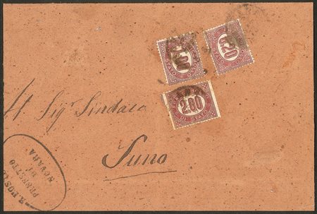 Regno - Vittorio Emanuele II - Servizio - Frammento affrancato per 3,20 lire composto da 20 cent + 1 lira + 2 lire (3 + 5 + 6)