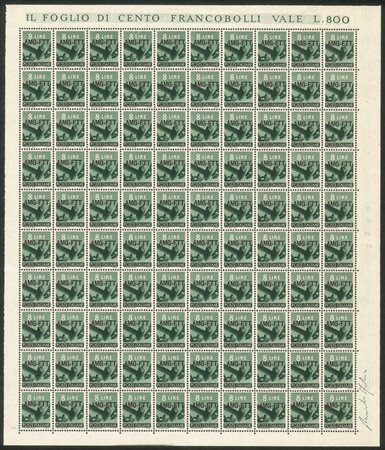 Trieste  - Trieste AMG FTT - 1949 - Splendido foglio di 100 esemplari del 8 lire Democratica (61)