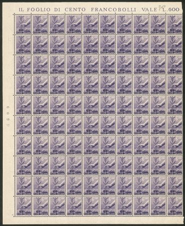 Italia - Repubblica - 1947/ - Intero foglio di 100 esemplari del 6 lire Democratica (556)
