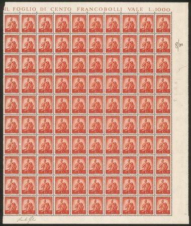 Italia - Repubblica - 1947 - Bellissimo foglio di 100 esemplari del 10 lire Democratica (559)