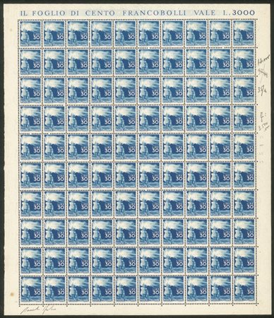 Italia - Repubblica - 1947 - Splendido foglio di 100 esemplari del 30 lire Democratica (563)