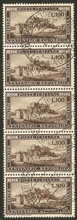 Italia - Repubblica - 1949 - Striscia di cinque del 100 lire Romana (600)