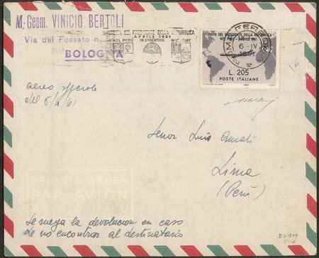 Italia - Repubblica - Aerogramma affrancato con Gronchi Rosa ricoperto dal lilla (920/921)