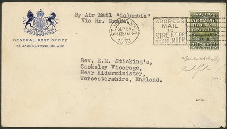 Europa e Oltremare - Terranova - Aerogramma della Traversata Atlantica del Columbia 9.10.1930