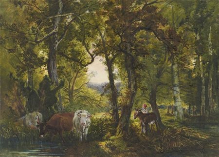 Filippo Palizzi "Paesaggio con contadine e armenti" 
acquerelli su cartone (cm 4