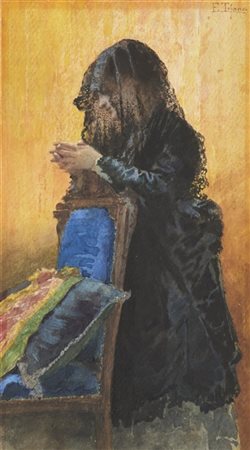 Edoardo Tofano "Ave Maria" 
acquerello su carta applicata a tavola (cm 25x13,5)