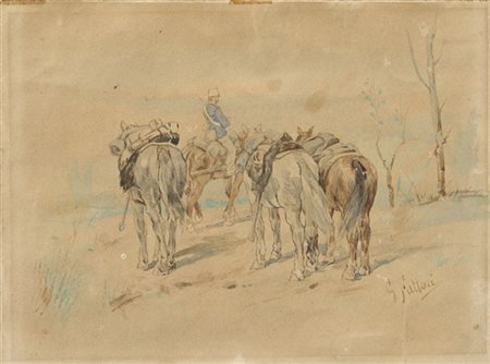 Giovanni Fattori "Soldato e cavalli in sosta" 
acquerello su carta (cm 22x30)
fi