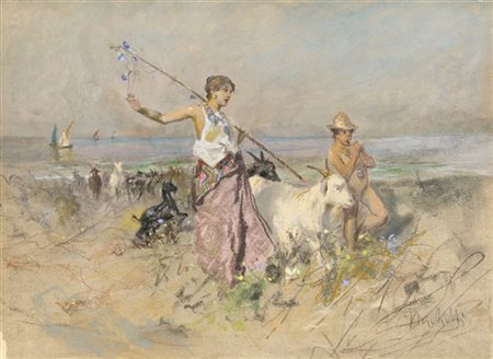 Francesco Paolo Michetti "Sulla spiaggia" 
tecnica mista su carta (cm 30x43)
fir