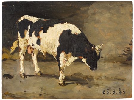 Lorenzo Delleani "Mucca pezzata" 25.3.83
olio su tavoletta (cm 26x35)
datato in