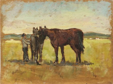 Giovanni Bartolena "Contadino e cavalli" 
olio su compensato (cm 33x44)
firmato