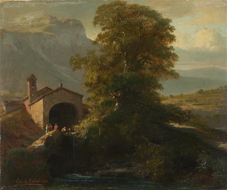 Ercole Calvi "Scorcio della Brianza con cappella, figure e Corni di Canzo sullo