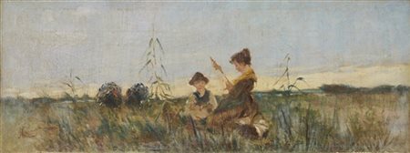 Niccolò Cannicci "Contadini" 
olio su tela (cm 24,5x65)
firmato in basso a sinis