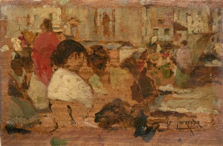 Giacomo Favretto "Mercato a Venezia" 
olio su tavola (cm 12x20)
firmato in basso