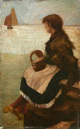 Alessandro Milesi "L'attesa" 
olio su tela (cm 28x17,5)
firmato in basso a sinis