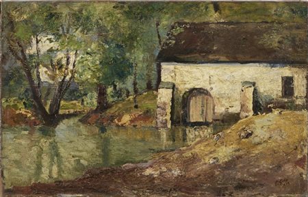 Emilio Gola "Scorcio di campagna lombarda con fiume e mulino" 1919
olio su tela