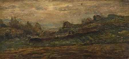 Antonio Fontanesi "Scorcio di paesaggio al tramonto" 
olio su tavola (cm 21x45)