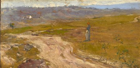 Silvestro Lega "Paesaggio con contadina" 1882(?)
olio su tavola (cm 12x25)
firma