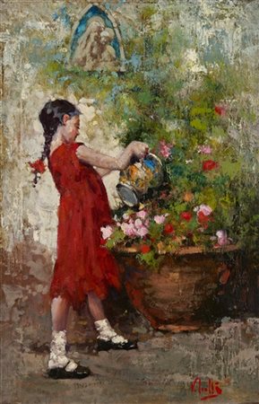 Vincenzo Irolli "Sisina innaffia i fiori" 
olio su tela (cm 67x45)
firmato in ba