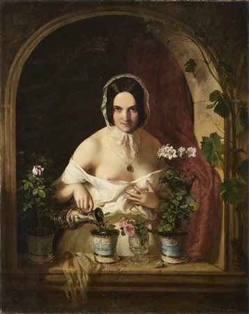 Giuseppe Molteni "Donna alla finestra che annaffia dei vasi di fiori" 
olio su t