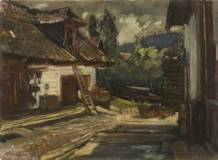 LOTTO RITIRATO PER VERIFICHE William Nicholson (Attribuito)"Scorcio di campagna con cottage" olio su tavol