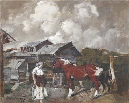 Alessio Issupoff "Contadina con giumenta e puledro" 
olio su tavola (cm 40x50)
f