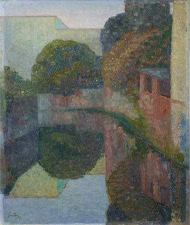 Giovanni Grande "Scorcio di Naviglio con casa" 
olio su tela (cm 80x67)
firmato