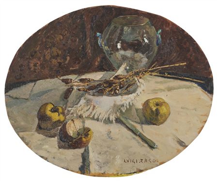 Luigi Zago "Mele e datteri" 
olio su compensato (cm 60x75)
firmato in basso a de