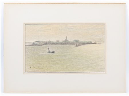 Noriyuki Ushijima "Scorcio marino con barche" 
tecnica mista su carta (cm 22x35)