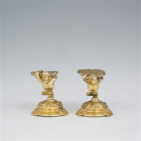 Coppia di saliere in argento dorato, Londra, 1869