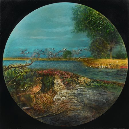 Giuseppe Giannini (1937) MOMENTO NELLA PALUDE olio su carta applicata su...