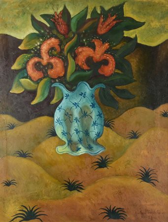Gaetano Tranchino (1938) VASO DI FIORI, 1971 olio su tela, cm 80x60 firma e data