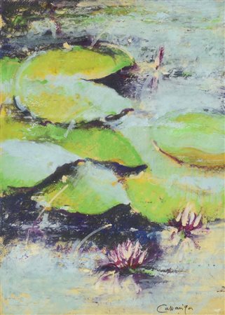 Giancarlo Cazzaniga (1930 - 2013) NINFEE pastelli su carta, cm 49,5x34 firma