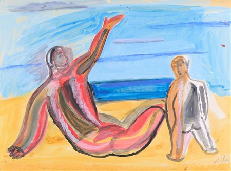 Sandro Chia (Firenze, 1946) Figure sulla spiaggia Tecnica mista su carta...