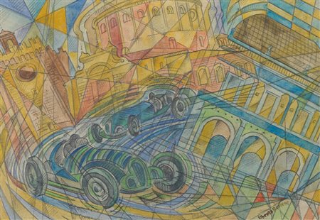 Uberto Bonetti (Viareggio, 1909 - 1993) Auto in corsa - Brescia Seconda metà...