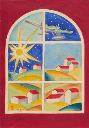 Pietro Ardigò Eclissi solare futurista Tecnica mista su cartone cm. 24,5x17,5...